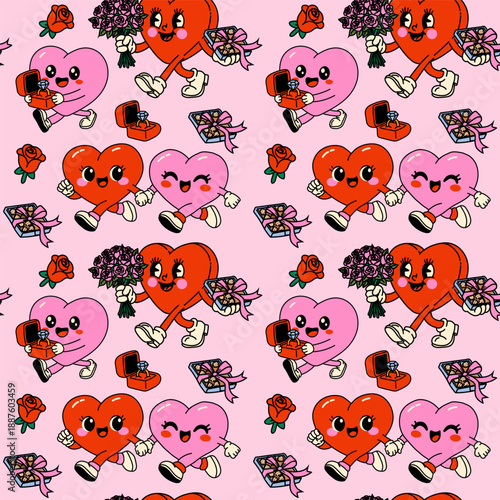 Cute Heart Characters with Flowers, Gifts, and Roses Pattern