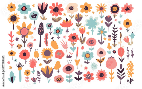 Illustrazione vettoriale di un grande set di fiori stilizzati e colorati con sfondo trasparente per design.