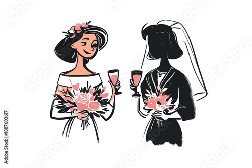 Ilustração vetorial de duas noivas sorridentes brindando com taças de champanhe em fundo transparente.