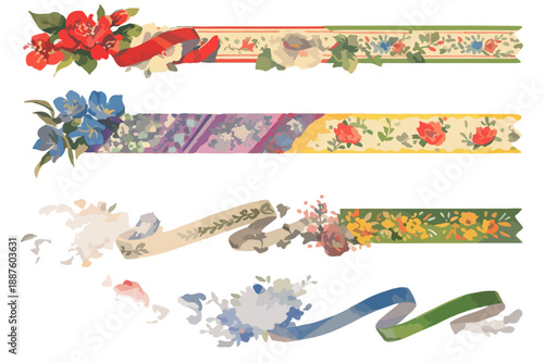 Quattro nastri decorativi floreali vintage con elementi botanici rossi, blu e bianchi su sfondo trasparente.