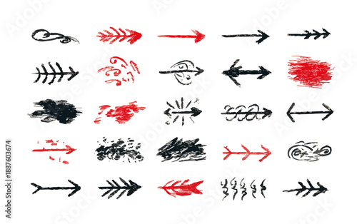 Conjunto de flechas dibujadas a mano, trazos artísticos y elementos gráficos para indicar dirección sobre fondo transparente.