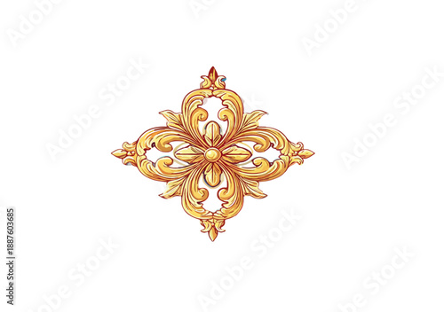 Elemento decorativo barocco dorato, ornamento floreale stilizzato con dettagli intagliati su sfondo trasparente.
