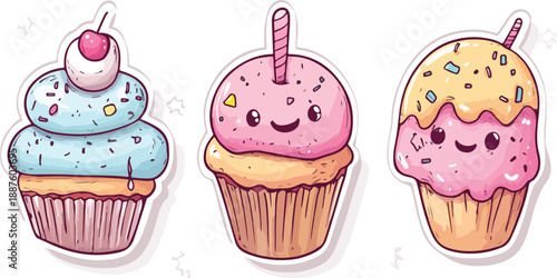 A sweet set of pink icing cupcakes and chocolate muffins with cherries creates a festive dessert illustration for a birthday bakery celebration