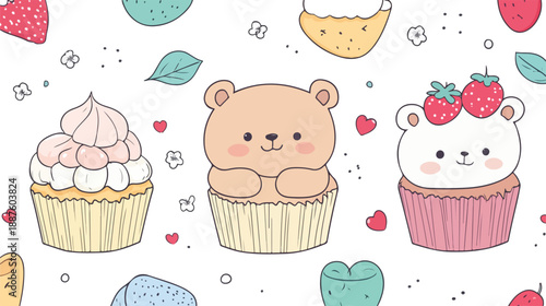 Cute seamless pattern design featuring a delicious set of sweet pink cupcakes and chocolate muffins with cream and cherry toppings for a vector bakery wallpaper or dessert food illustration