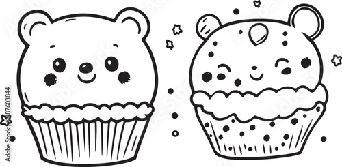 Two funny cats and two funny monsters enjoy a cute birthday party with pink chocolate cupcakes, sweet cream dessert, and baked snacks in a festive vector cartoon illustration