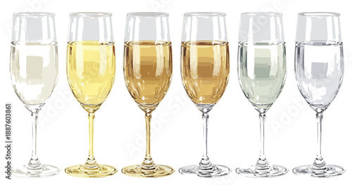 Seis copas de champán o vino espumoso con diferentes tonalidades de color y fondo transparente.