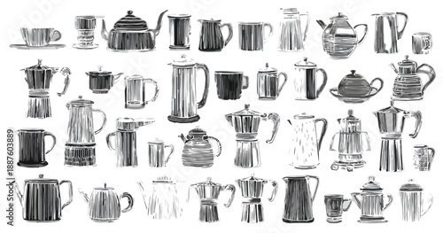Illustrazione in bianco e nero di una collezione di teiere, caffettiere e tazze disegnate a mano su sfondo trasparente.
