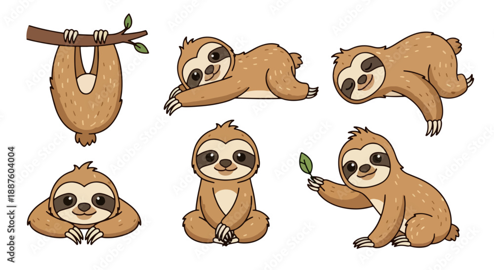 Fototapeta premium Collection of Adorable Cartoon Sloths Illustrating Various Relaxed Poses