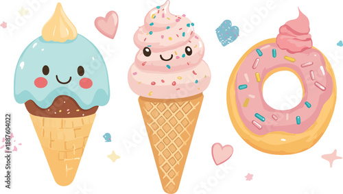 A delicious set of cartoon ice cream cones featuring vanilla, strawberry, and chocolate flavors with cherry toppings in a cold summer dessert vector illustration