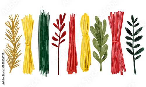 Mazzetti di pasta secca e erbe aromatiche disegnate, sfondo trasparente per design culinario italiano.