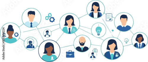 Diverse Professionals Networking and Collaborating in a Modern Business Environment from a Central Viewpoint