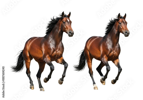 Two brown horses in full gallop with flowing manes isolated on transparent background