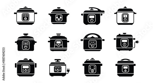 Collection of black silhouette icons depicting various electric pressure cookers