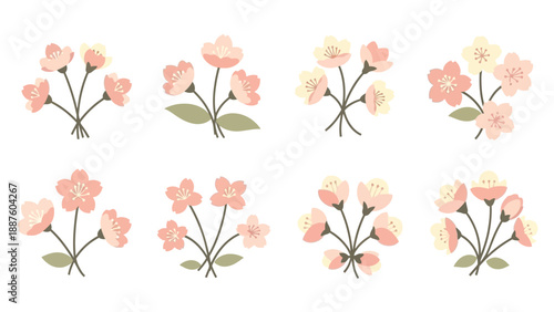 Set of Delicate Cherry Blossom Sprigs, Pink and White Flowers, Spring Floral Elements