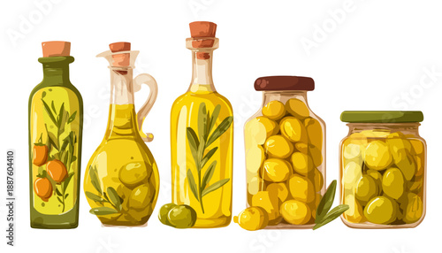 Illustrazione vettoriale di bottiglie e barattoli di olio e olive verdi su sfondo trasparente