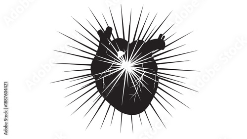 Anatomical Heart Silhouette with Radiating Lines in Monochromatic Style with High Contrast Lighting on White Background for Medical Illustration