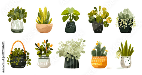 Collezione di dieci diverse piante verdi da interno disegnate in stile pittorico con sfondo trasparente.