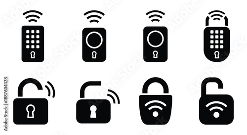 Wireless lock icons and remote controls a collection of black vector symbols