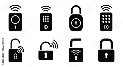Wireless lock icons and remote controls a collection of black vector symbols