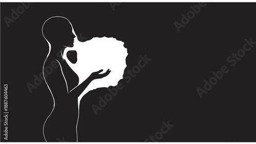 Pregnant Woman Holding Belly Silhouette in Monochrome Minimalist Style with High Contrast Lighting on Black Background for Health Awareness
