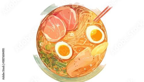 Illustrazione acquerello vista dall'alto di una ciotola di ramen giapponese con uova e carne su sfondo bianco trasparente.