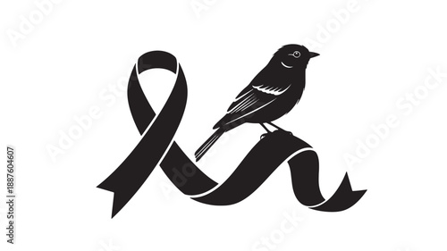 Black bird on mourning ribbon in minimalist style with dramatic lighting on white background for memorial design