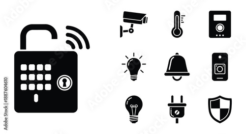 Wireless lock icons and remote controls a collection of black vector symbols