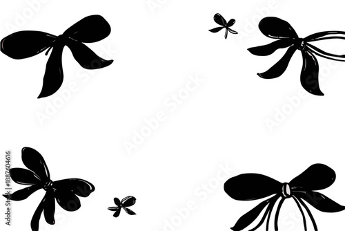 Cuatro lazos negros dibujados a mano en estilo boceto sobre fondo blanco, elementos decorativos.