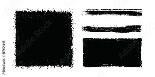 Collezione di forme astratte nere con texture grunge e bordi frastagliati su sfondo trasparente.