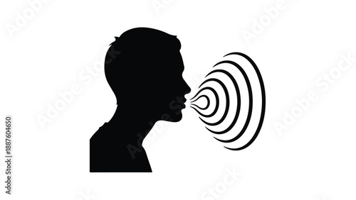 Silhouette of a person speaking, with sound waves emanating outwards