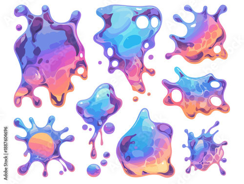 Colección de manchas de slime viscoso brillante con degradado de colores neón y fondo transparente