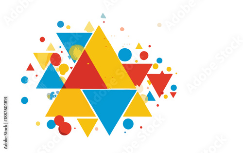 Composizione astratta di forme geometriche colorate, triangoli e cerchi su sfondo trasparente.