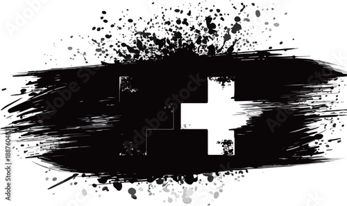 Bandiera svizzera stilizzata con effetto grunge nero su sfondo trasparente, simbolo di nazione e design moderno.