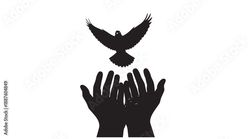 Silhouette of Hands Releasing Dove in Peaceful Freedom with Soft Black Silhouette for Spiritual Symbol