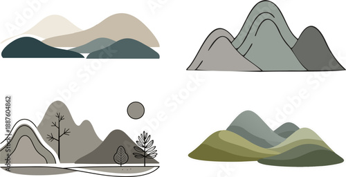 Four different illustrations of mountains in various styles and color palettes showcasing natural scenery and abstract representations of landscapes and nature
