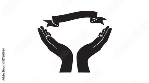 Hands Holding Ribbon Banner in Simple Minimalist Black Silhouette on White Background for Logo Design
