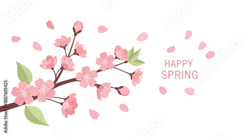 Cherry Blossom Branch with Falling Petals and "Happy Spring" Text