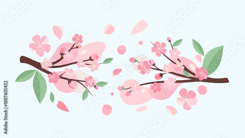 Cherry Blossom Branch with Falling Petals, Spring Floral Design on Blue Background