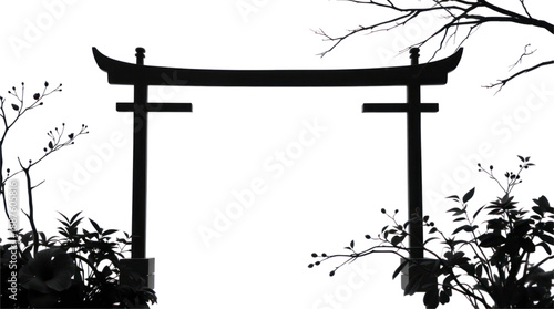 Mysterious Japanese Torii Gate Surrounded by Dark Silhouetted Branches and Lush Plants