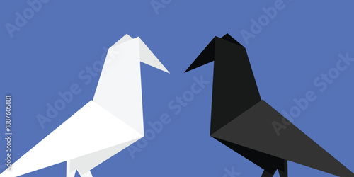 Origami background paper folding crow. Simple flat design of a bird
