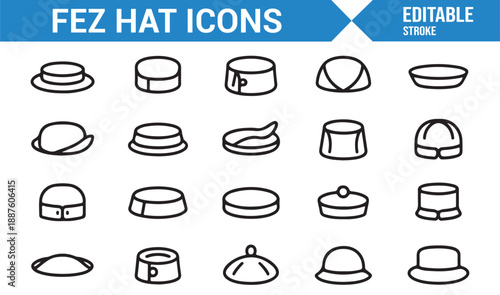 Ethnic fez cap outline icons collection