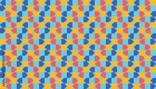 High-quality seamless vector backdrop featuring a colorful symmetrical house tessellation. Energetic pattern for real estate apps, community platforms, and playful digital wallpape