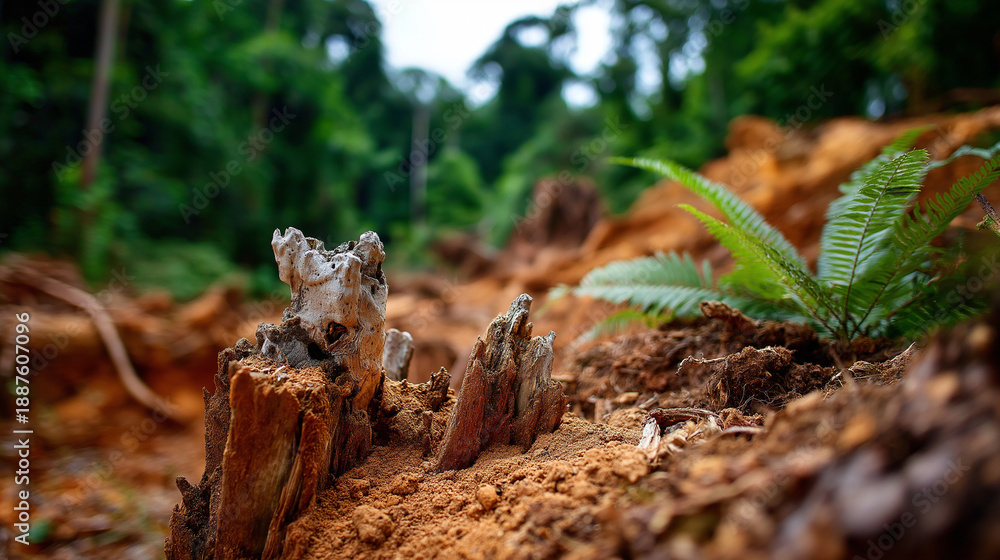 Obraz premium Environmental impact deforestation severe soil, erosion tree stumps, ecological destruction display, habitat loss moment, forest degradation visualization, defocused landscape, wit