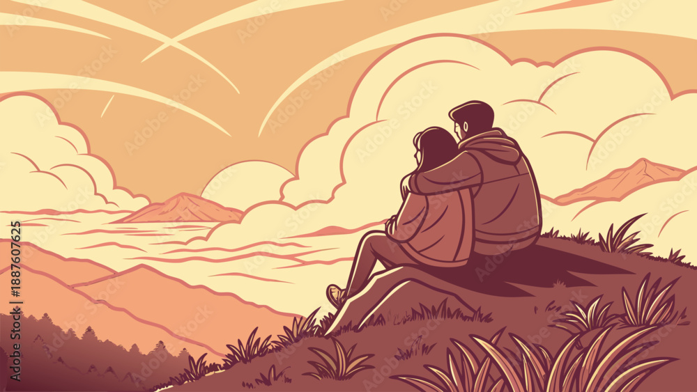 Naklejka premium Couple Watching Sunrise on Mountain Peak