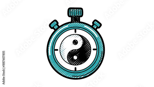 Doodle-style stopwatch with a Yin and Yang symbol in the center, representing balance, timing, and mindfulness.