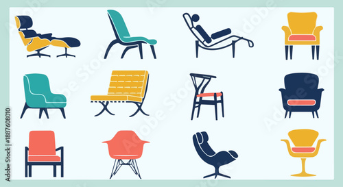 Vector illustration collection of furniture icons and beach chair symbols for summer travel and business cafe design