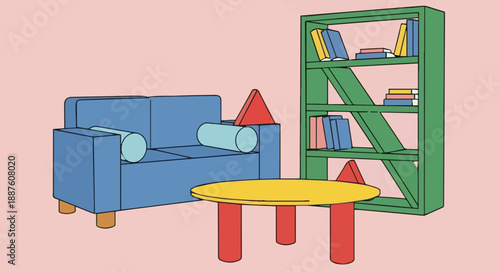 A cozy living room interior features a modern chair and sofa furniture set within a bright apartment home design illustration including a window and wall decoration