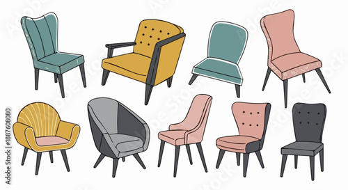 A set of professional furniture icons featuring a 3d vector illustration of a comfortable wooden armchair, office desk, and stool for modern interior home or business room design