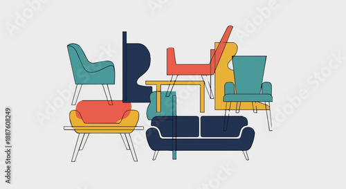 Vector illustration of a vintage wooden bench and comfortable sofa next to a 3d shopping cart filled with colorful shopping bags for interior home decoration art