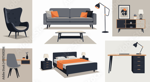 Modern living room interior design featuring a luxury leather sofa set and comfortable armchair with 3d render furniture objects in a stylish apartment home